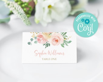 Editable Blush Pink Place Cards, Printable Place Card Template, Floral Seating Card, Name Card, Bridal, Baby Shower, Birthday, Wedding