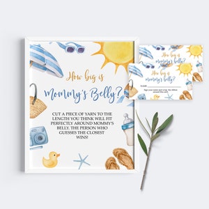 Quão grande é o conjunto de jogos para a barriga da mamãe, cartões de sinalização e respostas para jogos de chá de bebê Splish Splash editáveis e imprimíveis, chá de bebê de verão Blue Boy Beach