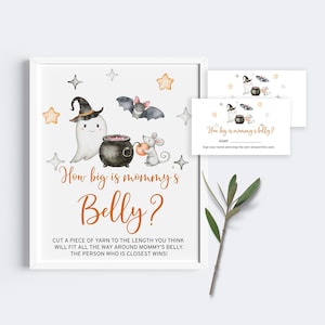 Little Boo ¿Qué tan grande es el juego del vientre de mamá? Tarjetas de respuesta y signos de juego de baby shower imprimibles y editables, juego de bebé de Halloween de género neutro