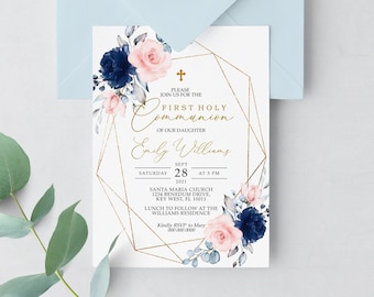 May include: A white invitation with gold geometric shapes and floral accents. The text reads "Please join us for the First Holy Communion of our daughter Emily Williams, Saturday, September 28, 2021 at 5 PM, Santa Maria Church, 1234 Benedum Drive, Key West, FL 10011, Lunch to follow at the Williams Residence, Kindly RSVP to Mary 000 000 0000".