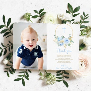 Blaue Blumen Taufe Foto Dankeschön Karte, EDITIERBARE Vorlage, druckbare Boho Dankeschön, Junge Erstkommunion, moderne Taufe, Kalligraphie