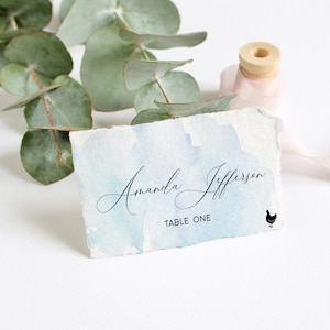 Tarjetas de lugar de acuarela azul, plantilla EDITABLE, tarjeta de lugar imprimible, tarjeta de nombre de asiento Boho, novia moderna, baby shower, cumpleaños, boda
