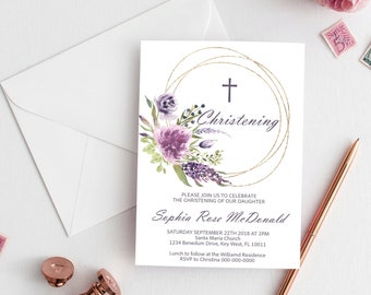 May include: A white card with gold trim and a floral design. The card is an invitation to a christening for Sophia Rose McDonald. The invitation includes the date, time, and location of the event. It also includes the text "Christening" and a cross.