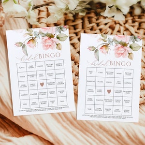 Gentle Rose Flowers bruids bingospel, BEWERKBARE afdrukbare bruidsbrunchactiviteiten, roze roos douchesjabloon, bloemenspellen direct downloaden