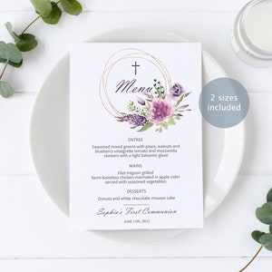 Menú de Primera Comunión de Flores de Lavanda, Plantilla EDITABLE, Bautismo Floral Boho Imprimible, Tarjeta de Menú de Dedicación Floral de Corona Púrpura y Dorada