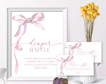 Pink Bow Diaper Raffle Sign & Tickets: Watercolor Ribbon (Editable Printable)