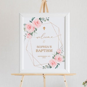 Signo de bienvenida del bautismo de flores rosas ruborizadas, plantilla EDITABLE, primera comunión floral boho, cartel de bautizo grande imprimible con flores rosas