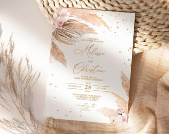 Pampas Grass Wedding Invitation, EDITABLE Template, Printable Gold Confetti & Pink Rose Wedding Invite, Bohemian Wedding Instant Download