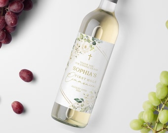 Etiqueta de vino Primera Comunión Flores Blancas, Plantilla EDITABLE, Etiqueta de Bautismo Niña Rosa Blanca Imprimible Boho, Etiqueta de Vino Regalo