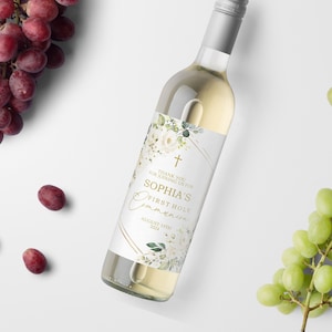 Etichetta vino prima comunione con fiori bianchi, modello EDITABLE, Boho stampabile etichetta battesimo ragazza oro e rosa bianca, etichetta vino regalo