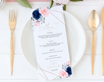 Floral Wedding Menu Template: Blush Pink & Navy (Editable, Printable)