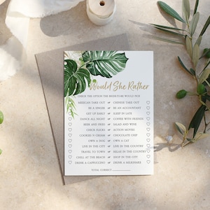 Jogo de chá de bebê tropical, modelo EDITÁVEL, atividades de brunch floral com folhagens para impressão, cartão com folhas verdes e douradas