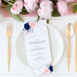 Menú floral en rosa ruborizado y azul marino, plantilla EDITABLE, boda con rosas azules imprimibles, brunch nupcial con flores, baby shower dorado, cumpleaños, bautismo