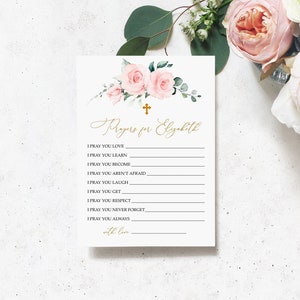 Blozen roze bloemen gebeden voor baby notitiekaarten, bewerkbare roze roos en goud doop gebed kaartsjabloon, Boho babyshower wensen kaart
