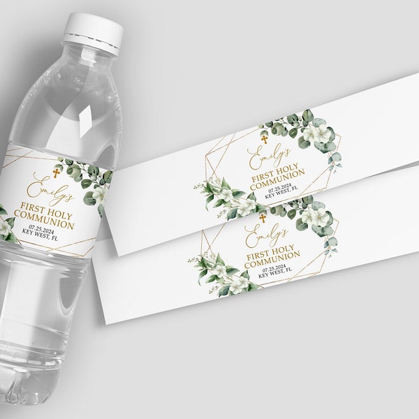 Greenery First Communion Water Bottle Label, EDITABLE Eucalyptus Floral Water Label Template, Printable Custom Water Label INSTANT DOWNLOAD