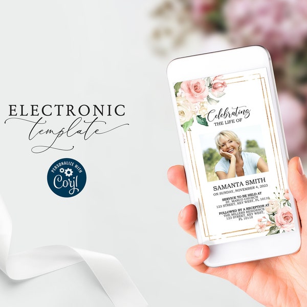Blush Pink Electronic Funeral Announcement, Funeral Invitation for Smartphones, Floral Memorial Service, Editable Celebration of Life Evite