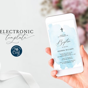 Blue Baptism Electronic Invitation Template, Editable Digital Download, Baptism, Printable Christening, Text Message Invite
