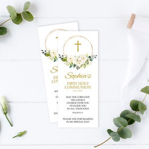Kommunion Lesezeichen Vorlage | EDITIERBARE Blumen Lesezeichen Andenken | Druckbare weiße Blumen Taufe Gefälligkeiten | Rose & Gold | Herunterladen