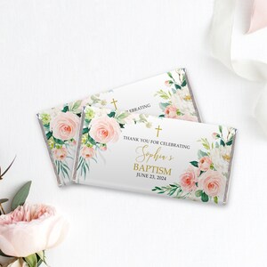 Floral Baptism Chocolate Bar Wrapper, EDITABLE Template, Printable Boho Pink & White Floral Candy Bar Wrapper, Blush Rose Girl, Hershey