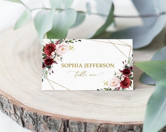 Marsala & Blush Pink Floral Place Cards, EDITABLE Template, Printable Burgundy Flowers Seating Name Place Card, Bridal, Baby Shower, Wedding