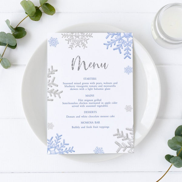 Winter Baby Shower Menu, EDITABLE Template, Printable Blue & Silver Snowflakes Menu Card, Christmas Wedding Menu, Bridal Brunch Menu Card