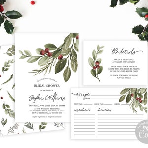 Christmas Bridal Shower Invitation Set, DIY - 100% Editable Template, Printable Cozy Winter Invite, Details & Recipe, Floral Brunch Bundle
