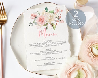 Könnte beinhalten: Eine druckbare Hochzeitsmenü-Vorlage mit einem floralen Design mit rosa und weißen Rosen, grünen Blättern und Beeren. Das Menü umfasst Vorspeisen, Hauptgerichte, Desserts und eine Mimosa-Bar. Der Text "Menü" ist in rosa Schreibschrift geschrieben. Der Text "2 Größen enthalten" ist in grauer Schrift auf einem hellblauen Kreis geschrieben.