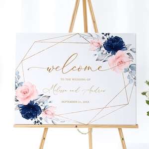 Blush Pink & Navy Floral Wedding Welcome Sign, EDITABLE Template, Printable Boho Welcome Poster, Gold Frame Calligraphy Font Large Poster