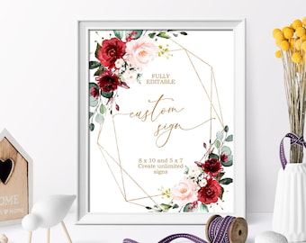 Blush Pink Blumendusche Zeichen: Burgund & Gold, bearbeitbare Vorlage (5x7, 8x10)
