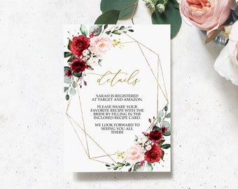 Marsala & Blush Pink Floral Details Card, EDITABLE Template, Printable Insert Card, Burgundy Red Flowers Bridal Shower, Birthday, Wedding