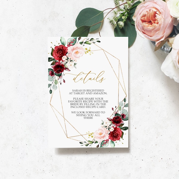 Marsala & Blush Pink Floral Details Card, EDITABLE Template, Printable Insert Card, Burgundy Red Flowers Bridal Shower, Birthday, Wedding