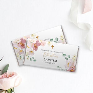 Wildflowers Baptism Chocolate Bar Wrapper, EDITABLE Template, Printable Boho Pink & Red Floral First Communion Candy Bar Wrapper, Hershey