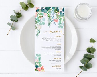 Eucalyptus Wedding Menu Template: Pink Rose Bridal Brunch (EDITABLE Template)