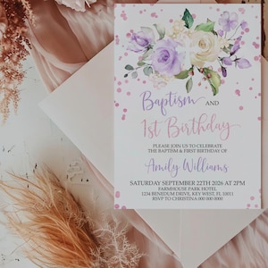 Lavendelcreme Taufe & Babys erster Geburtstag Party Einladung | Bearbeitbare Vorlage | Floral Printable 1. Geburtstag einladen | Boho Rose Gold