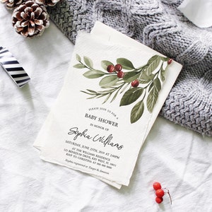 Invitation de douche de bébé de Noël, modèle modifiable, invitation imprimable de brunch de vacances, confortable, feuille verte florale, verdure hiver bébé saupoudrer