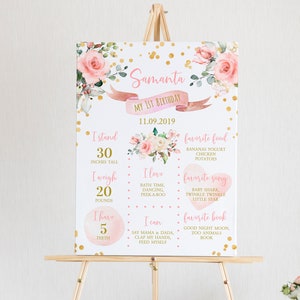Blush Pink Birthday Milestone Sign, EDITABLE, Printable Baby 1st Birthday Floral Milestone Template, Baby&#39;s First Poster, INSTANT DOWNLOAD