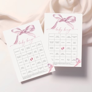 Juego de bingo para bebés con lazo rosa / Actividades editables e imprimibles para el brunch de bebés / Plantilla de juego para baby shower con lazo de acuarela rosa / Descarga instantánea