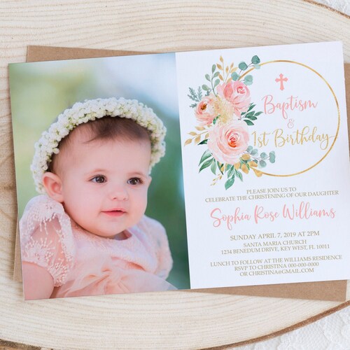 1st Birthday Invitation Girl Baby Girl Pink Watercolor Floral Etsy