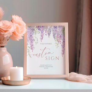 Unbegrenzte Duschschilder, EDITIERBARE lila Glyzinien benutzerdefinierte Schildvorlage, druckbare Lavendelblumen 5x7, 8x10 benutzerdefiniertes Schild, Blumenbaby-Brunch