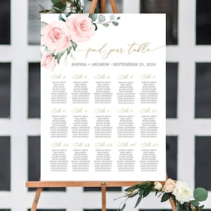Blush roze bloemen bruiloft zitplaatsen | Bewerkbare sjabloon | Boho rosé en gouden bruiloft tafelposter | Zelf afdrukbare plattegrond maken
