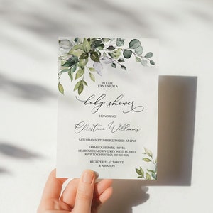 Greenery Babypartyeinladung, EDITIERBARE Grün Eukalyptus druckbare Junge einladen Vorlage, Neutral Blumen Brunch Karte, Baby Sprinkle Karte