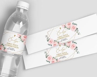 Blozen roze & goud waterfles label, BEWERKBARE eerste heilige communie waterlabels sjabloon, afdrukbaar aangepast waterlabel, INSTANT DOWNLOAD