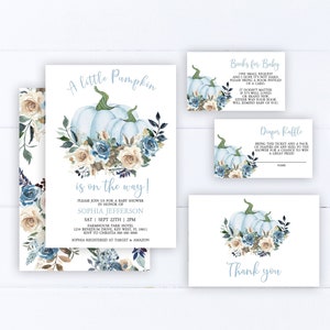 Blue Little Pumpkin Baby Shower Invitation Set, Imprimable 100% Modèle modifiable, Fall Autumn Boy Invite, Navy & Ivory Brunch Event Pack