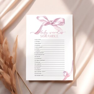 Pink Bow Baby Wort Buchstaben-Spiel, EDITIERBARE druckbare Aquarell Pink Ribbon Wort Buchstaben-Vorlage, Mädchen-Babyparty-Spielkarte + Antworten
