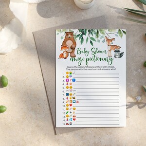 Woodland Baby Shower Emoji Pictionary | Printable Greenery Baby Shower Game | Gender Neutral Emoji Activity | Instant Download