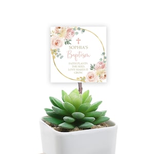 La fe planta la semilla El amor la hace crecer Etiqueta de bautismo, EDITABLE, Gracias floral rosa rubor, Etiquetas de favor imprimibles DIY, Descarga instantánea