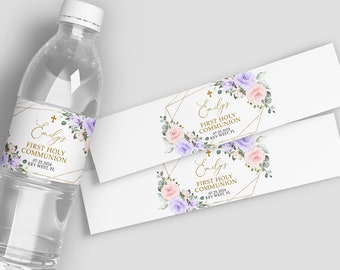 Eerste communie waterfleslabel, BEWERKBARE Blush Pink & Violet Flowers Waterlabelsjabloon, afdrukbaar aangepast waterlabel INSTANT DOWNLOAD