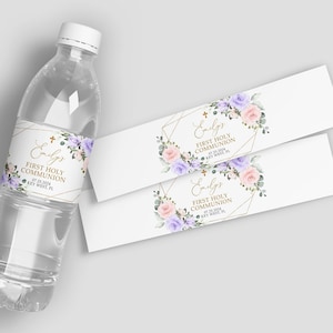Erstkommunion-Wasserflaschenetikett, EDITIERBARE Blush Pink & Violet Flowers-Wasseretikettenvorlage, druckbares individuelles Wasseretikett SOFORT-DOWNLOAD