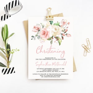 EDITIERBARE Taufeinladung Vorlage, Blush Pink Floral druckbare Taufe einladen, Rose Blumen Mädchen Widmung, Creme, Sofortiger download