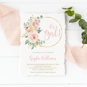 Blush Pink Es una invitación de ducha de niña, plantilla floral imprimible EDITABLE, invitación de brunch para bebés de flores boho, rosa rosa y tarjeta de corona de oro